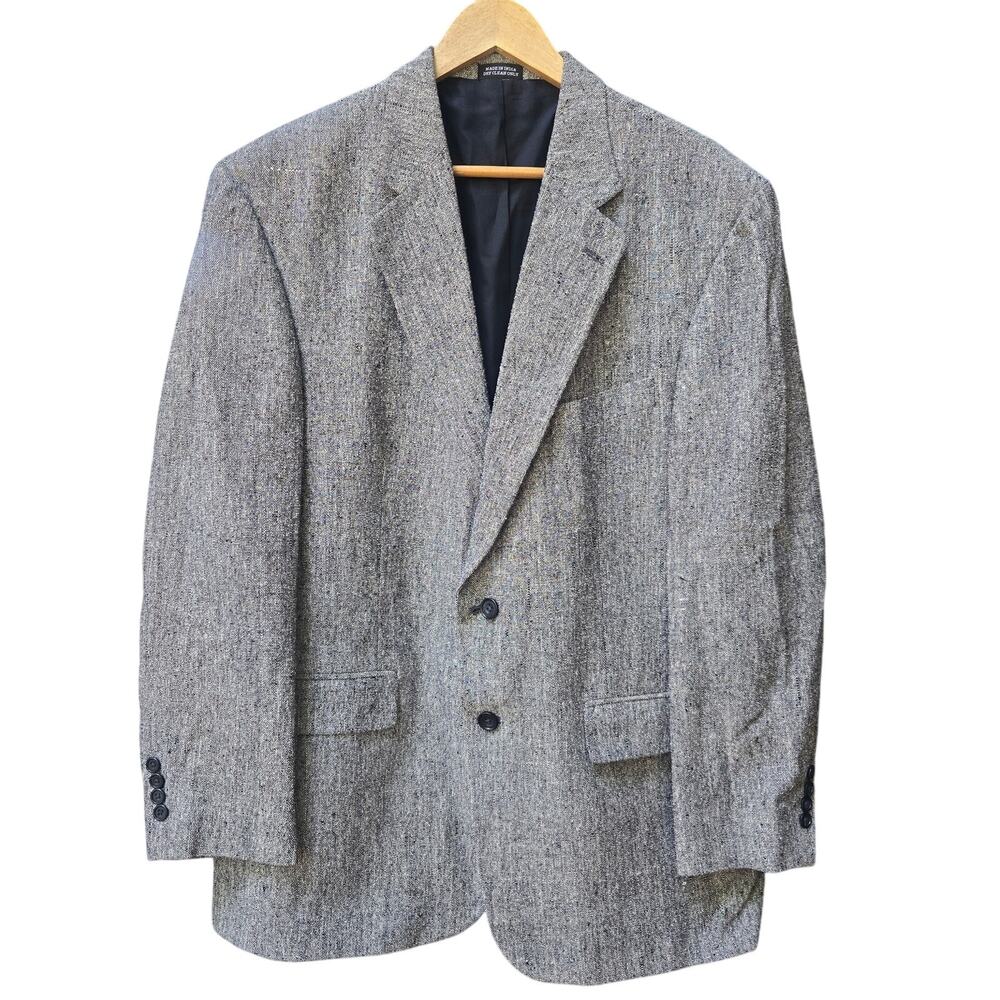Oscar de la Renta Men Vtg Tweed 100% Silk Two Button Blazer 42R Gray Sports Coat
